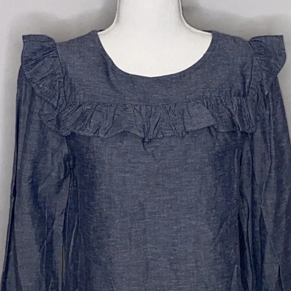 Jill Stuart Linen Blend Chambray Long Sleeve Ruffle Blouse - Size Small - Picture 3 of 7